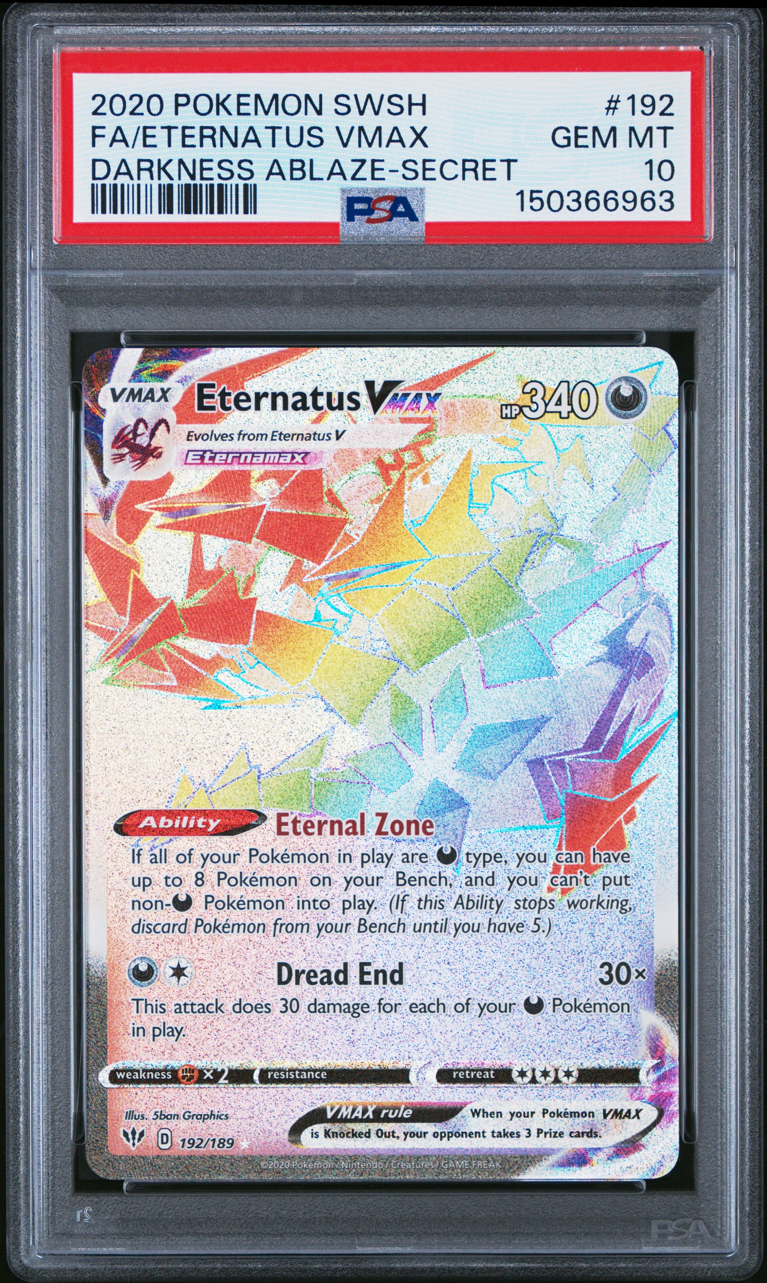 Eternatus VMAX (Secret) 192/189 SWSH03: Darkness Ablaze Secret Rare Pokemon